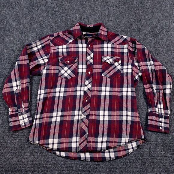 Vintage Wrangler Western Pearl Snap‎ Shirt Mens Large Red White Flannel Plaid - Picture 1 of 8
